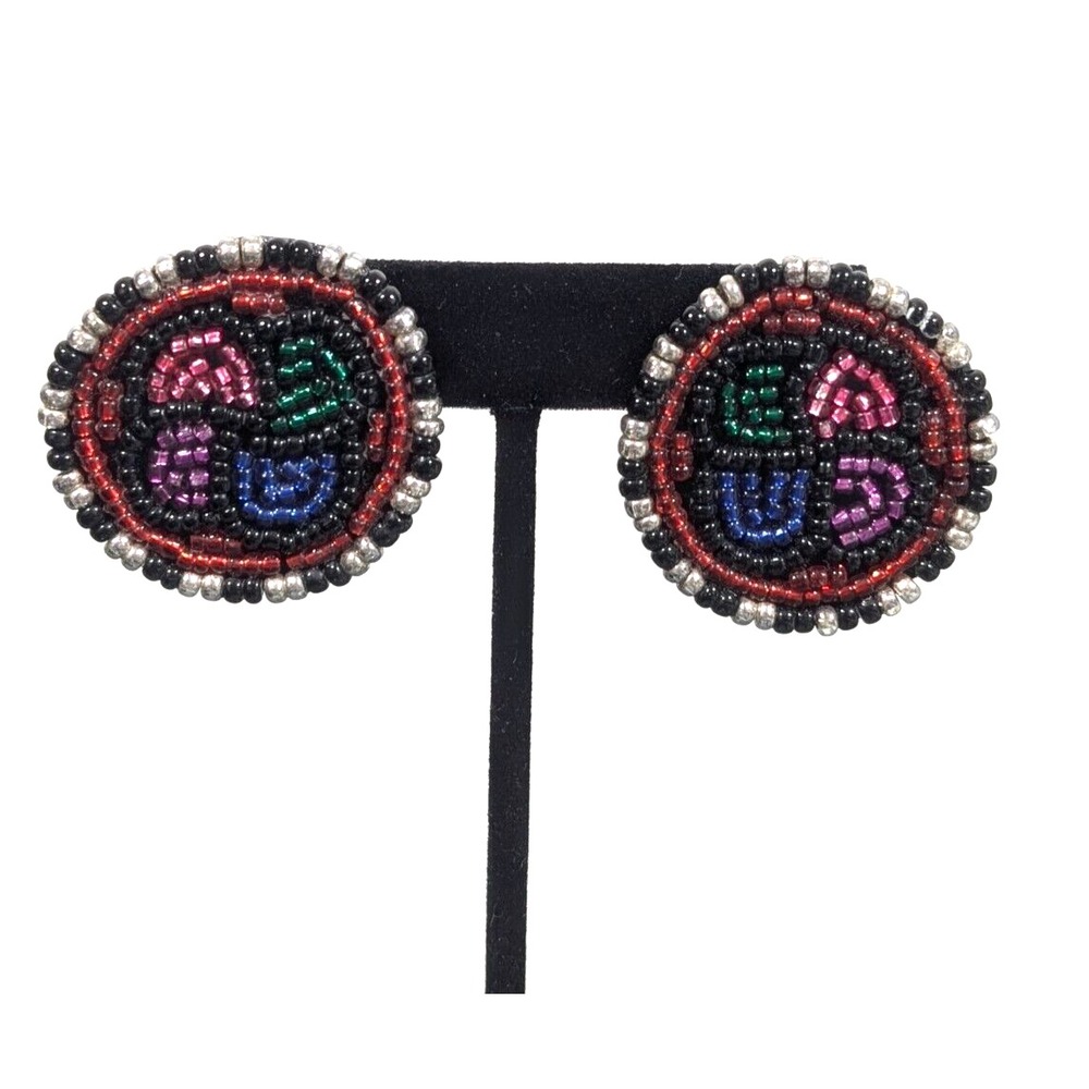 Vintage Colorful Seed Bead Earrings Round Leather Back Boho Statement